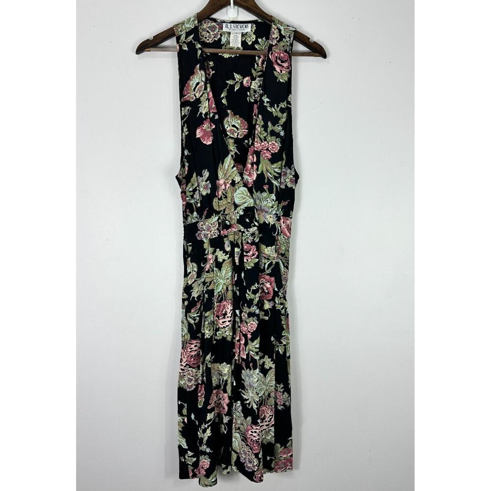 RJ Stevens Black Floral Midi Dress Size 8‎ Vintage Cottagecore Romantic Boho